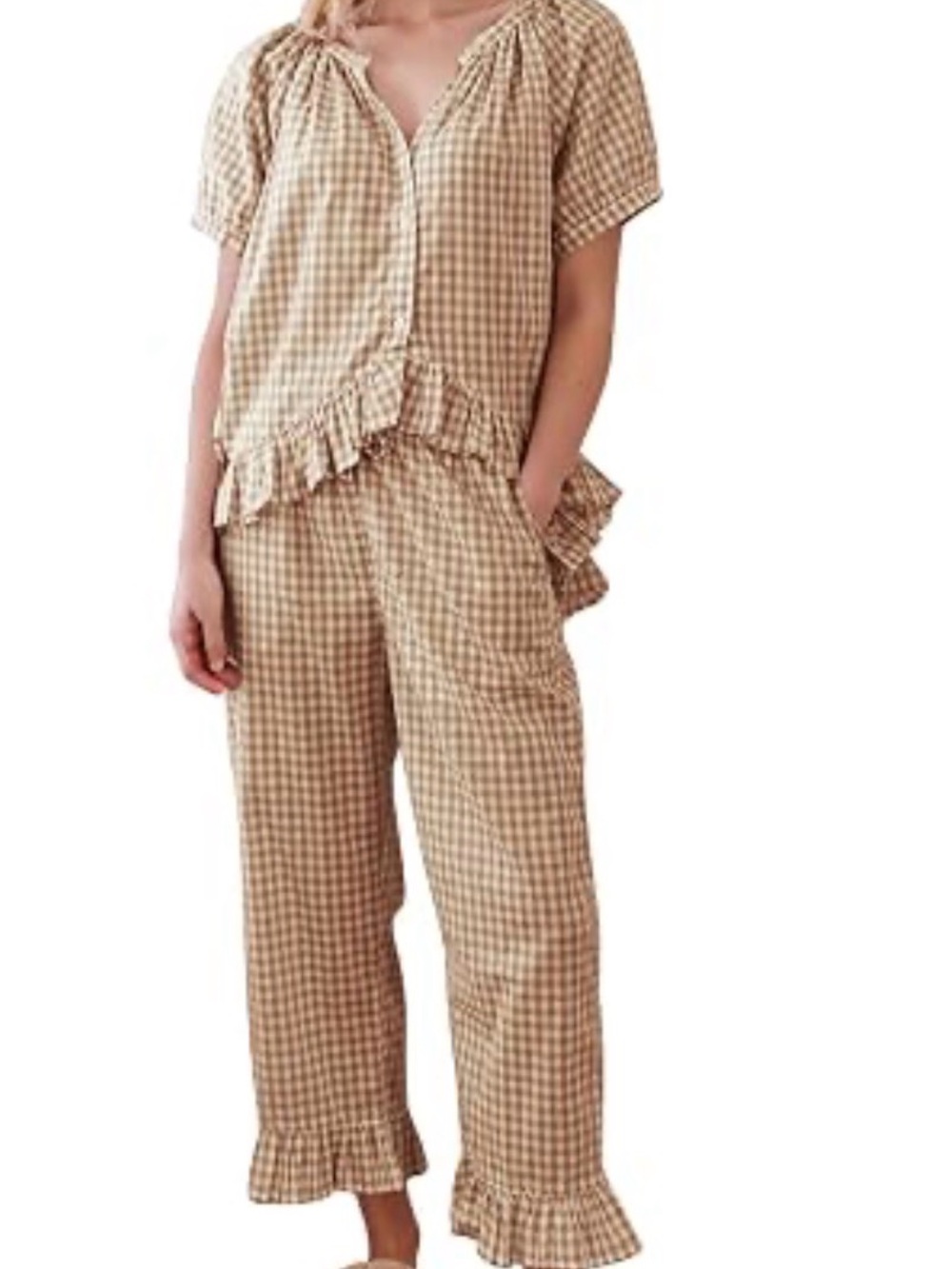 Tan & Cream Gingham Check Pajama Set, Lounge Set size Large